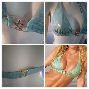 Victoria Secret Mint Green Gold Star Vintage Bikini Top Sz Medium